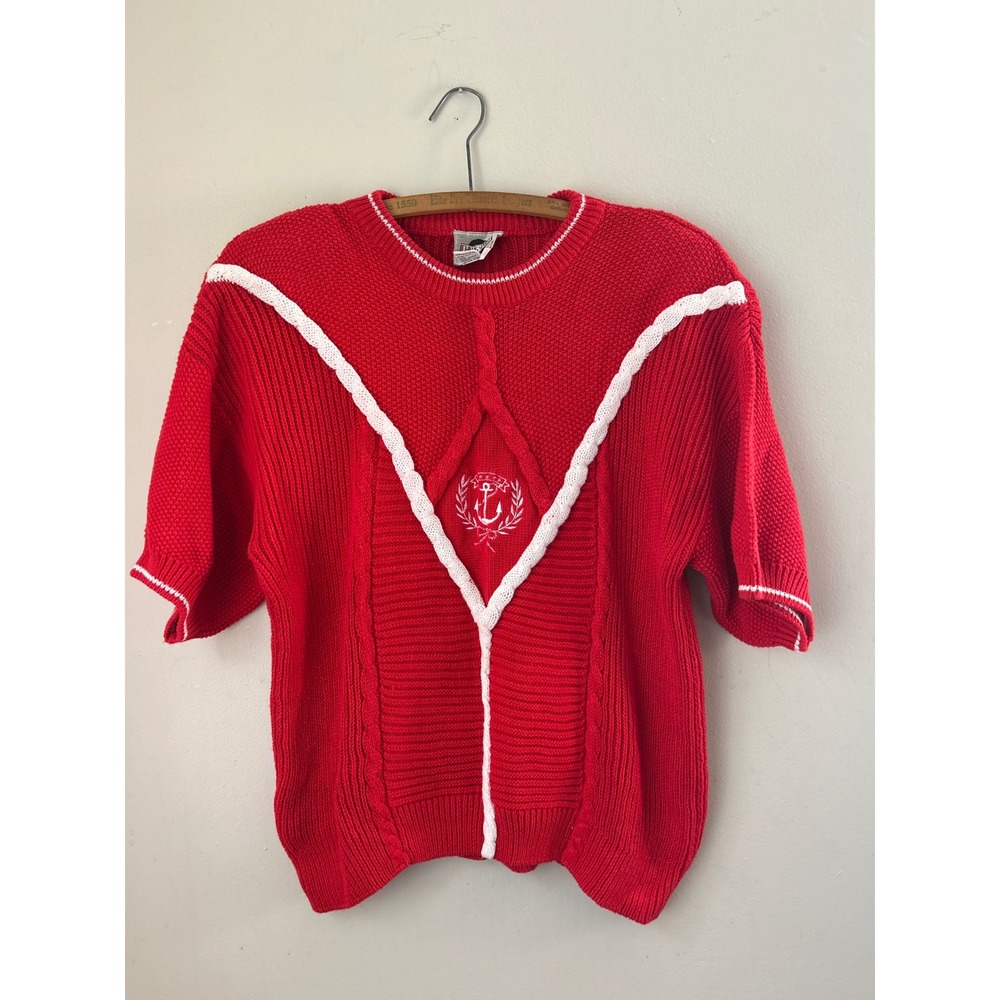 Vintage Chaus Sport Nautical Short Sleeve Knit Top Red White Anchor Retro S